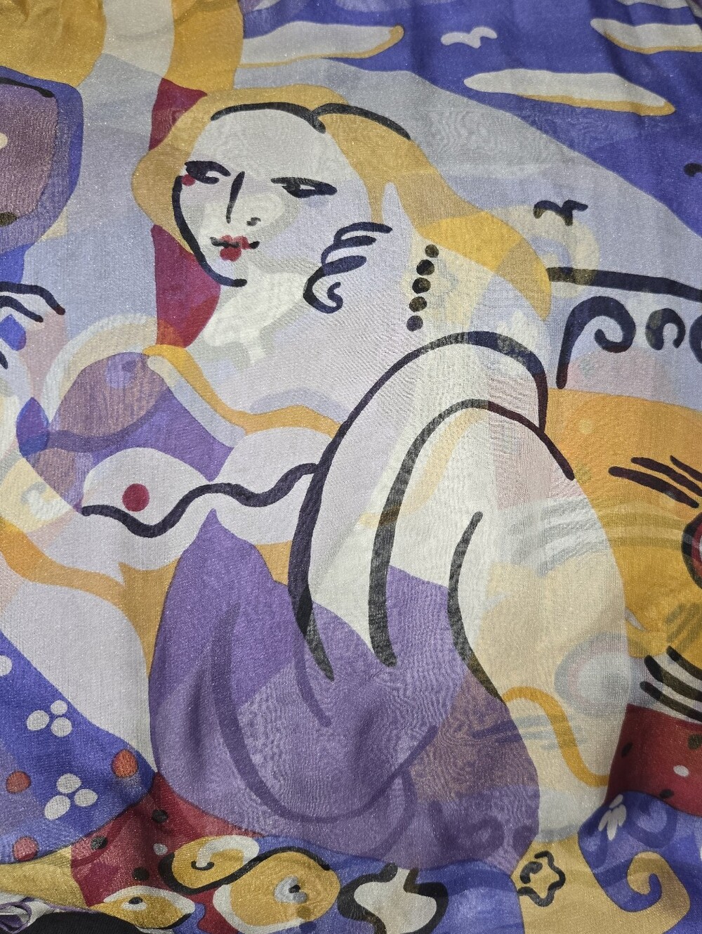 Vintage Zazou Luxe 100% Silk Scarf Chiffon Abstract Cubist Art Graphic Purple Ye